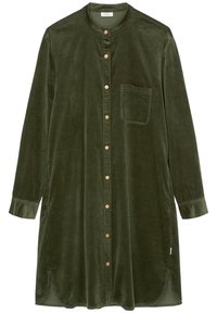 Abito camicia in corduroy verde oliva a maniche lunghe con colletto a band, bottoni a pressione frontali, tasca sul petto e spacchi laterali.