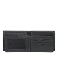 Black leather wallet with multiple card slots, a clear ID window, and a smooth texture. Bi-fold design with neat stitching details.