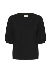 Schwarzes kurzärmeliges Oberteil mit Rundhalsausschnitt und strukturierten Puffärmel, aus Strickmaterial gefertigt. Verfügt über ein innen angebrachtes Etikett mit der Aufschrift "CREAM".