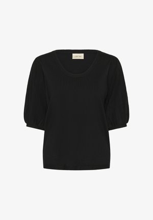 Melnas īsām piedurknēm, ar apaļu kakla izgriezumu un teksturētām pūkainām piedurknēm, izgatavots no adīta auduma. Iekšpusē ir birka ar nosaukumu "CREAM".