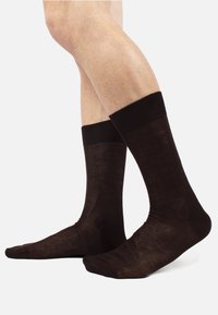 Calzini marroni realizzati in un materiale liscio e elastico, con un polsino a costine, che arriva appena sopra la caviglia, mostrando una leggera lucentezza.