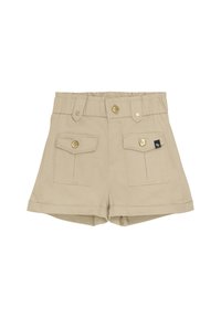 Beiga shorts i bomullsmaterial med två framfickor med knappstängningar, en bred midja med guldfärgad knappar och uppvikt nederkant.
