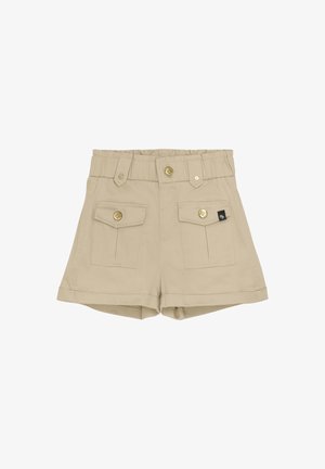 Shorts beiges en mélange de coton, dotés de deux poches avant avec fermetures à boutons, d'une large taille avec des boutons dorés et d'ourlets retroussés.