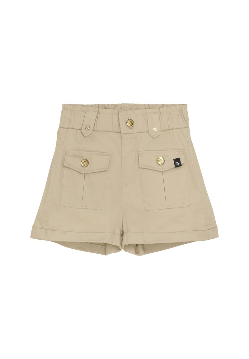Beiga shorts i bomullsmaterial med två framfickor med knappstängningar, en bred midja med guldfärgad knappar och uppvikt nederkant.