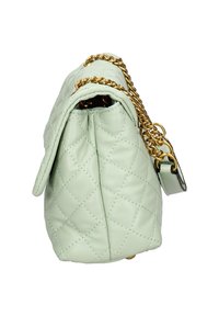 Borsa a tracolla in pelle trapuntata verde menta con catena e hardware dorato. Presenta una forma compatta con chiusura a pattina.