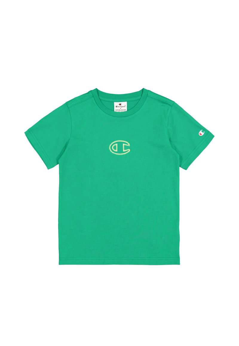 Camiseta verde de manga corta hecha de algodón, con un pequeño logo amarillo bordado en el pecho y un parche con el logo en la manga.