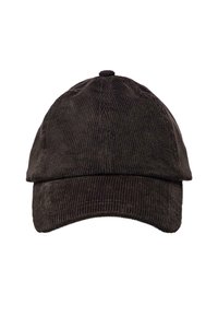 Cappello in corduroy marrone scuro con visiera curva e texture a righe verticali. Il design include un bottone superiore e un pannello frontale strutturato.