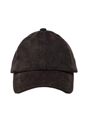 Dark brown corduroy cap featuring a curved brim and vertical ribbed texture. The design includes a top button and structured front panel.