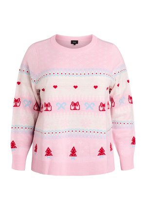 Różowy sweter dzianinowy z białym i jasnoniebieskim paskowanym wzorem, zdobiony czerwonymi sercami, kokardkami, prezentami i choinkami w różnych rozmiarach.