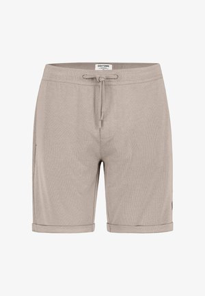Hellbeige legere Shorts mit Kordelzugbund, aufgeschlagenen Säumen und einem kleinen Stoffetikett an der Seite.