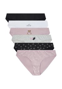 Sei paia di slip da donna in vari colori: nero, bianco, grigio e rosa, con stampe di cuori e un motivo di orsetto. Materiale in cotone, design elasticizzato.