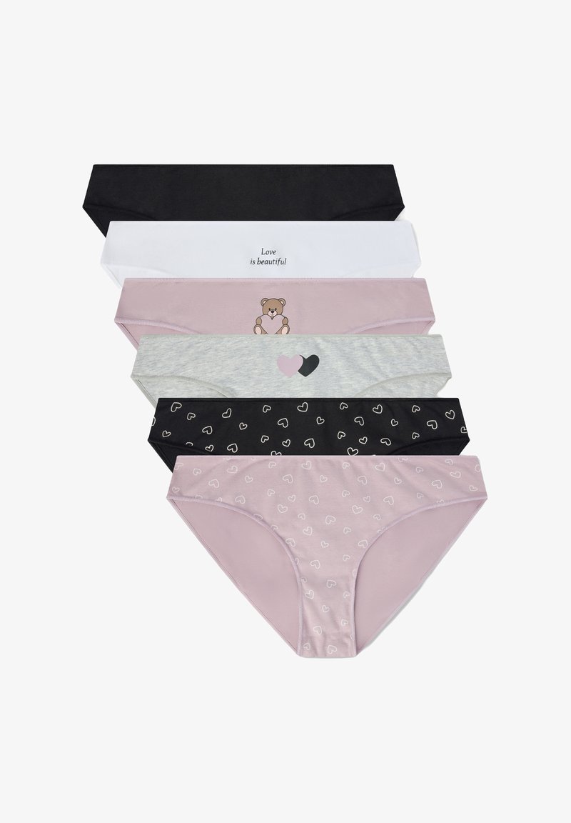 Sei paia di slip da donna in vari colori: nero, bianco, grigio e rosa, con stampe di cuori e un motivo di orsetto. Materiale in cotone, design elasticizzato.