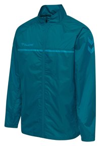 Teal lightweight windbreaker jacket with full zipper, high collar, elastic cuffs, reflective strip across chest, and chevron logo on left sleeve.