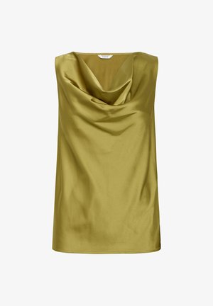 Ärmelloses Oberteil aus olivgrünem Satin, mit einem drapierten Cowl-Ausschnitt und glatter Textur. Schlichte Form mit geradem Saum.