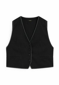 Schwarze Weste mit V-Ausschnitt, fünf Knopfverschluss und zwei Vordertaschen. Verfügt über weiße Nähte entlang der Kanten für den Kontrast.