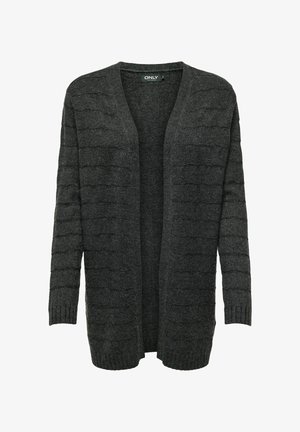 Cardigan long gris foncé ouvert à l'avant, avec des rayures horizontales texturées subtiles et des poignets et ourlets côtelés.