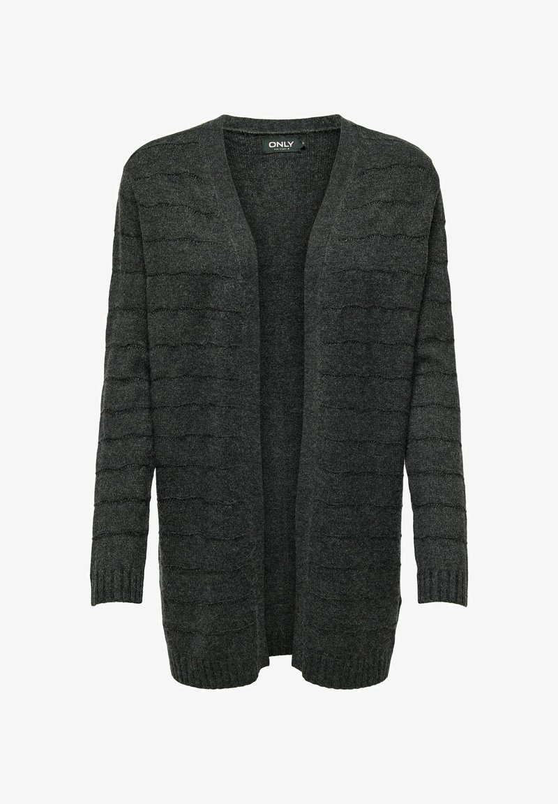 Cardigan long gris foncé ouvert à l'avant, avec des rayures horizontales texturées subtiles et des poignets et ourlets côtelés.