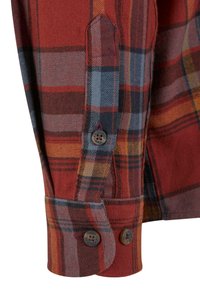 Red and blue plaid flannel shirt cuff with two brown buttons, featuring a soft texture and contrasting colors. Detailed stitching on the placket.