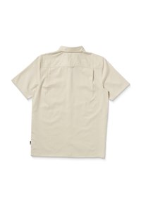 Kortærmet beige skjorte med standard krave, glat tekstur og to bagpleater for let bevægelse. Diskret logo detalje i kanten.