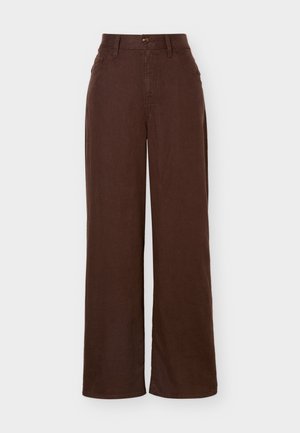 High-waisted, wide-leg pants in dark brown with front button closure and pockets, displayed on a plain background.