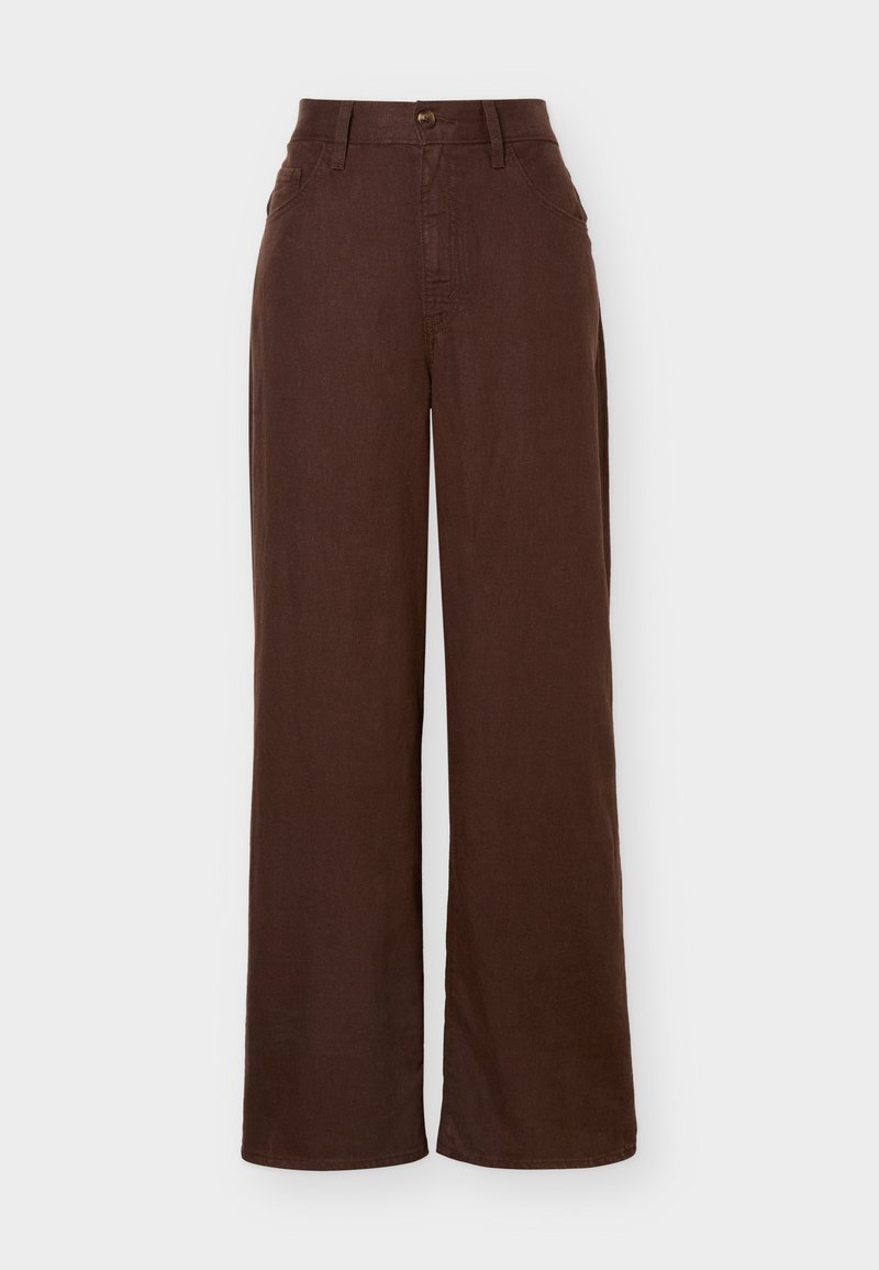 High-waisted, wide-leg pants in dark brown with front button closure and pockets, displayed on a plain background.