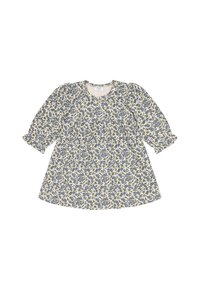 Langärmliges Baby-Kleid mit blauem und grünem Blumenmuster auf cremefarbenem Hintergrund, geraffter Taille und rundem Ausschnitt.