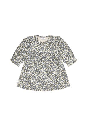 Langärmliges Baby-Kleid mit blauem und grünem Blumenmuster auf cremefarbenem Hintergrund, geraffter Taille und rundem Ausschnitt.