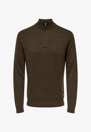 Brown knitted sweater with a half-zip collar, long sleeves, and ribbed cuffs and hem. Soft texture and classic fit.