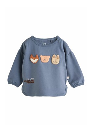 Blauwe katoen sweatshirt met lange mouwen, voorzien van drie dierenapplicaties: een vos, een beer en een konijn, met de tekst "schattige kleine bosvrienden."