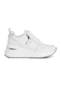 White athletic sneakers with a chunky sole, textured upper, leather material, and a zip closure detail on the side. Silver accents included.