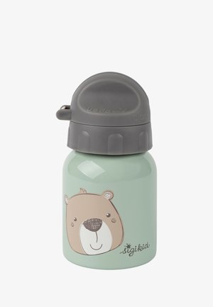 Metall-Wasserflasche in Mintgrün mit einem grauen Deckel. Hat ein Bärenmotiv und den Text "sigikid". Glatte Oberfläche, runde Form.