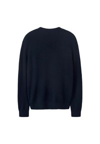 Granatowy sweter z miękkiego, teksturowanego materiału. Posiada okrągły dekolt oraz długie rękawy zakończone prążkowanymi mankietami. Klasyczny, luźny krój.