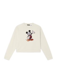 Felpa cropped color crema con un design ricamato di Mickey Mouse in rosso e nero. Maniche lunghe con polsini a coste.