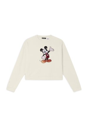 Sweatshirt cropped de couleur crème avec un design brodé de Mickey Mouse en rouge et noir. Manches longues avec poignets côtes.