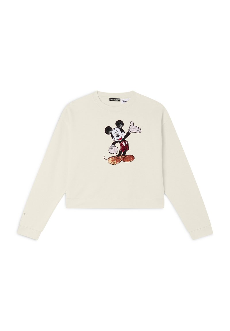 Felpa cropped color crema con un design ricamato di Mickey Mouse in rosso e nero. Maniche lunghe con polsini a coste.