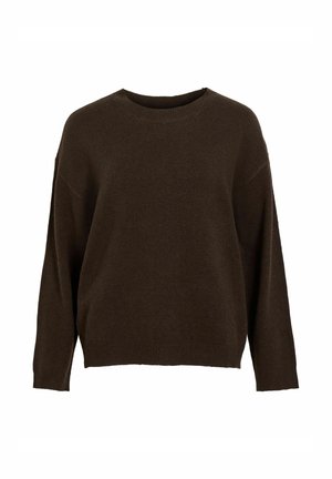 Pruun särk, ümar kaelus, lahti lõige, ribaga alus ja varrukad, pehme tekstuur, pikad varrukad, minimalistisch design, ilma mustrite või aksessuaarideta.