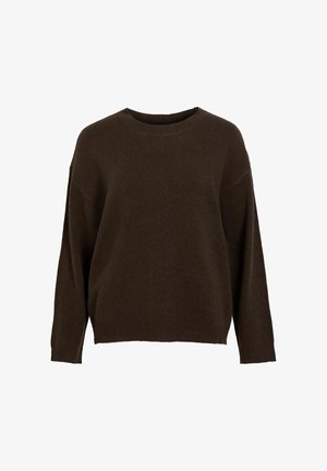 Pruun särk, ümar kaelus, lahti lõige, ribaga alus ja varrukad, pehme tekstuur, pikad varrukad, minimalistisch design, ilma mustrite või aksessuaarideta.