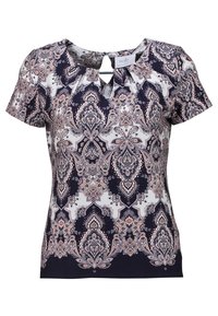 Tmavě modrý top s květinovým paisley vzorem v světle růžové a krémové barvě. Krátké rukávy, kulatý výstřih a detail ve tvaru klíče vpředu.