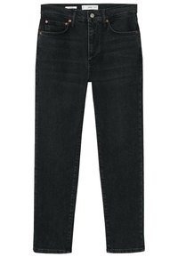 Mustat farkut suoran lahkeenn kanssa, viisi taskua, metallinen nappikiinnitys ja kontrastiväriset ompelun yksityiskohdat. Yleisesti sileä rakenne.