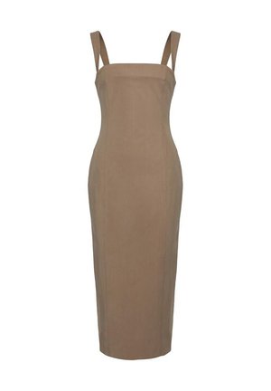 Beżowa, dopasowana sukienka midi bez rękawów z szerokimi ramiączkami i prostym dekoltem.