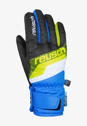 Black, blue, bright green, and white ski glove with a textured surface, adjustable wrist strap, and logo detail on the back.
