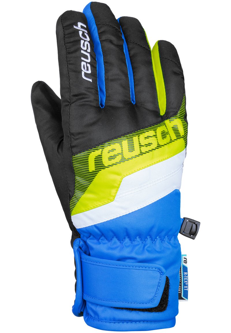 Guanti da sci neri, blu, verde brillante e bianchi con una superficie testurizzata, cinturino regolabile al polso e dettagli con logo sul retro.