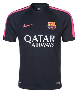 Dark navy blue FC Barcelona soccer jersey with pink shoulder stripes, Nike logo, club crest, and Qatar Airways sponsor text on front.
