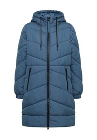 Giacca imbottita blu con cappuccio, dotata di zip anteriore, zip nera e coulisse, e due tasche laterali con chiusura a zip.