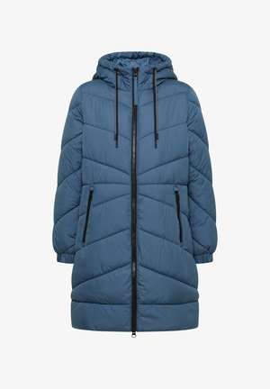Padded blue jacket with a hood, featuring a zip front, black zipper and drawstrings, and two side pockets with zip closures.