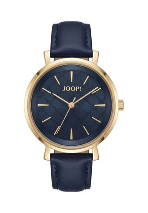 Runde goldene Uhr mit dunkelblauem Zifferblatt mit Blumenmuster, goldenen Stundenmarkierungen und navyblauem Lederarmband. Markenname JOOP! in goldenen Buchstaben.