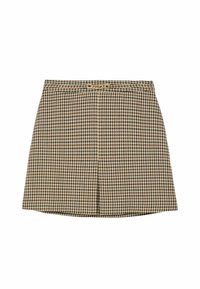 Rudos ir kreminės spalvos houndstooth raštuotas sijonas su prigludusia juosmens dalimi, šiek tiek platėjančiu siluetu ir priekyje esančia klostės detale. Papuoštas auksinio tono metaline detalė.