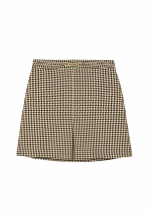 Rjav in krem hlačnica z vzorcem hišnih zob, z oprijetim pasom, rahlo razširjenim krojem in sprednjim gubom. Zaključena z zlato-zlatim detajlom na okovju.