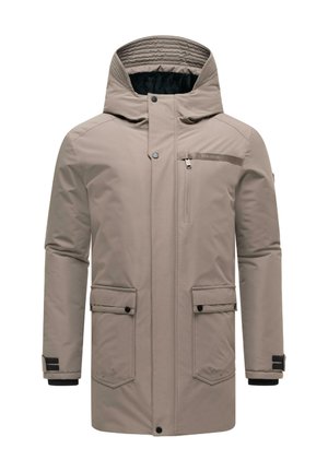 Taupe isoleret vinterparka med hætte, lynlås foran og knaplukning, to klaplommer og én lynlåslomme på brystet.