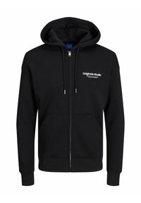 Zwarte hoodie met ritssluiting, gemaakt van een katoenmix, met een voorzak, een trekkoordkap en witte logo-tekst op de borst.